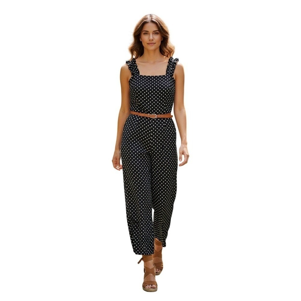NWT LOFT Polka Dot Linen Blend Wide Leg Jumpsuit S Black White Ruffle Strap $99